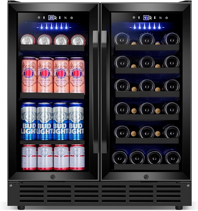 30'' Wine and Beverage Refrigerator, Upgrade Dual Zone Wine Cooler, 30 Inch Wine beverage Fridge Built in or Freestanding Under Counter Large Capacity Glass Door Advanced Cooling System,Black-CasaMuseHome