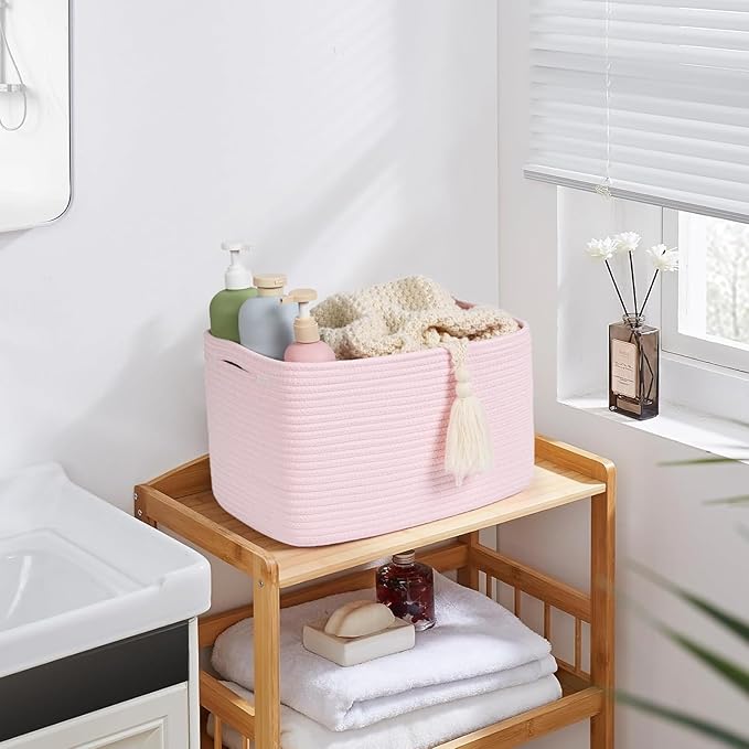 3-Pack Shelf Baskets for Organizing, Woven Storage Basket for Shelves, Cotton Rope Storage Bins for Toys Books, Nursery Towel Baskets for Classroom, 14.96"X9.8"X8.85", Pink-CasaMuseHome