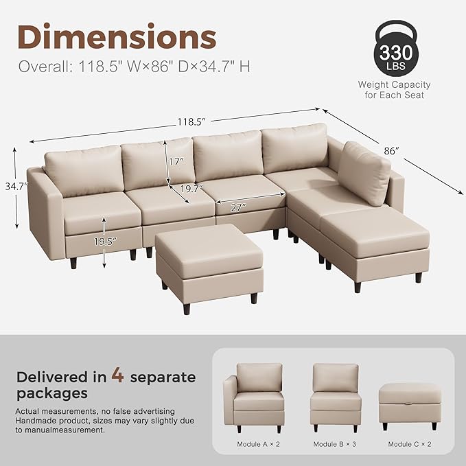 118.5" Faux Leather Modular Sectional Sofa, L Shaped Couch Set for Living Room, 7-Seater Comfy Cloud Couches with Storage Seat Whitesand-CasaMuseHome