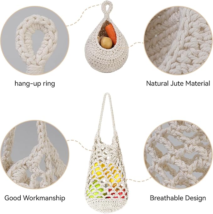 AARAINBOW Boho Wall Hanging Baskets for Kitchen Storage, Fruit Woven Wall Basket 9 Pcs, Hanging Vegetable and Onion Storage with 24 Hooks （White）-CasaMuseHome