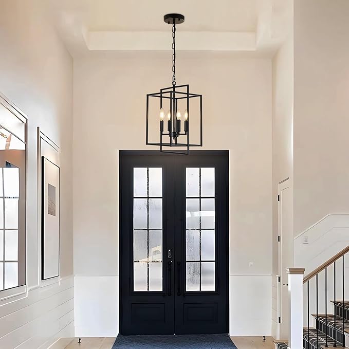 4-Light Vintage Black Chandelier, Foyer Lighting Fixtures Farmhouse Chandeliers for Dining Room, Modern Industrial Lantern Pendant Light for Kitchen Island Entryway Stairway-CasaMuseHome