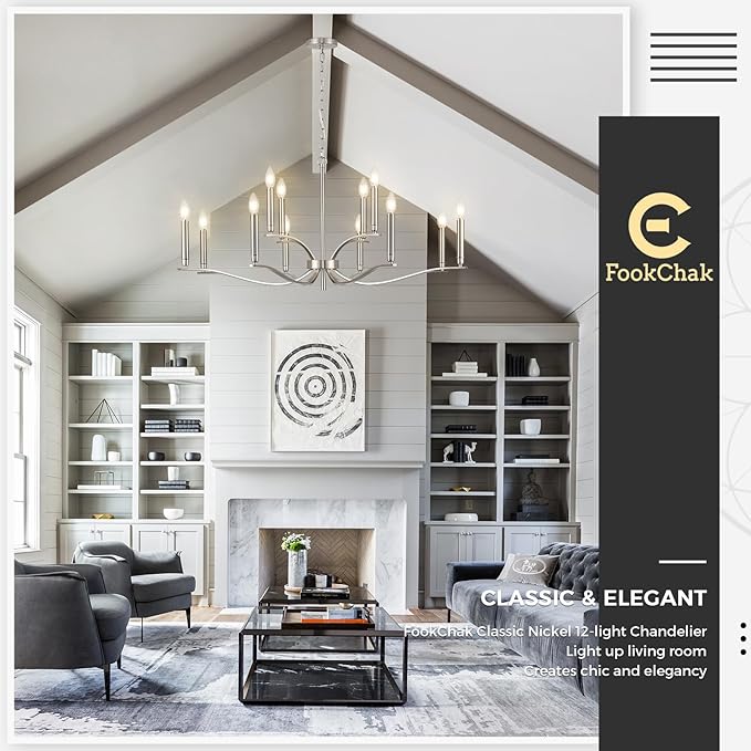 12 Light Nickel Living Room Chandelier High Ceiling Foyer Candle Chandelier Large Modern 44in Metal Chandeliers Hanging Light for Master Bedroom Dining Room Light Fixture Over Table-CasaMuseHome