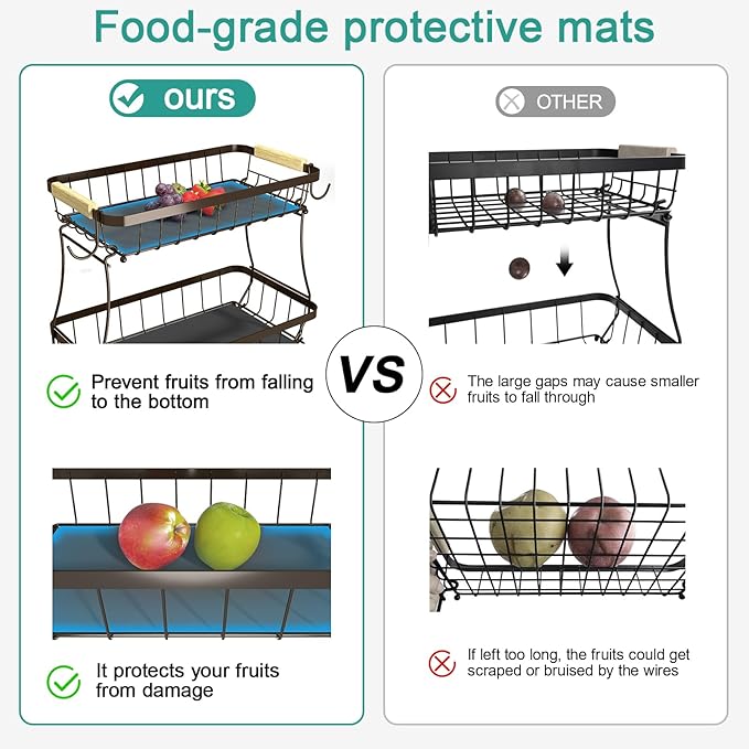 2 Tier Fruit Basket for Kitchen Counter with 2 Banana Hangers, 2025 Pro Detachable Metal Fruit Bowl with Wooden Handle,Fruit Holder for Bread Snack Veggies, Brown-CasaMuseHome