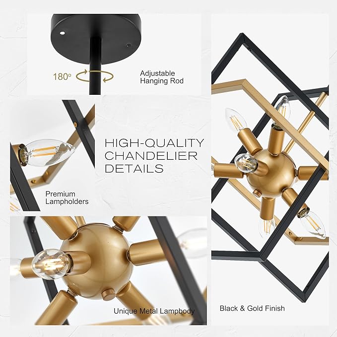 18.9'' Black Gold 8-Light Sputnik Chandelier Modern Industrial Adjustable Hanging Geometric Pendant Light Fixture for Entryway Foyer Stairway Hallway Bedroom Living Room Kitchen Island-CasaMuseHome