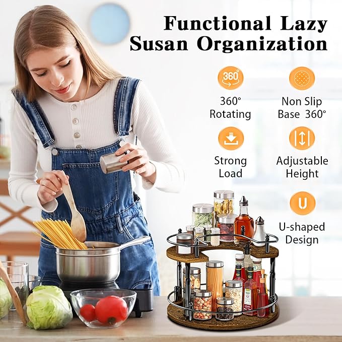 2-Tier Lazy Susan Organizer Turntable Spice Organization U-Shape 11.8" Rotating Spice Rack Height Adjustable for Cabinet, Pantry, Kitchen Countertop, Party-CasaMuseHome
