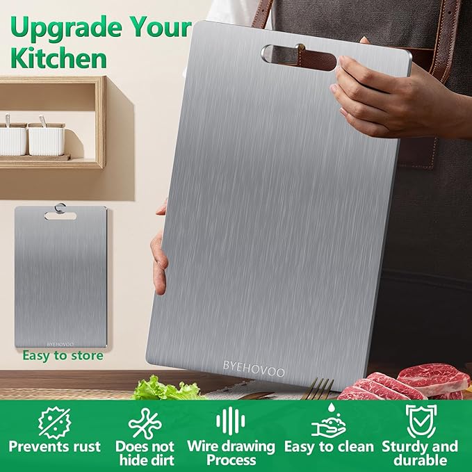 Titanium Cutting Boards for Kitchen [Set of 3], Double Sided Pure Titanium Cutting Board | Easy to Clean | Dishwasher Safe | Food-Grade Raw & Cooked Foods or Outdoor Camping Chopping Board-CasaMuseHome