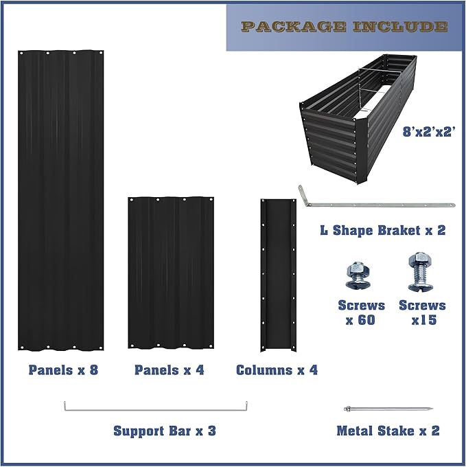 8x2x2FT Metal Raised Garden Bed Kit, Galvanized Outdoor Garden Bed Planter Box for Vegetables, Flowers, Herbs, Succulents and More, Black-CasaMuseHome