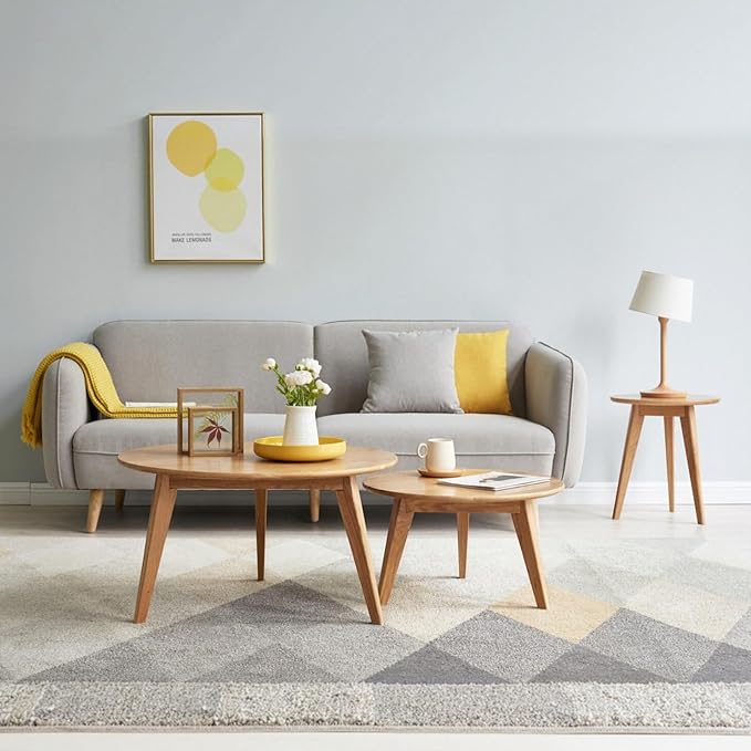 100% Solid Oak Wood Coffee Table Set, Round Coffee Table Combo Side Table w/Solid Wood Legs, Mid Century Table Sturdy Tables for Bedroom Balcony Living Room (Natural, 3 Pieces)-CasaMuseHome
