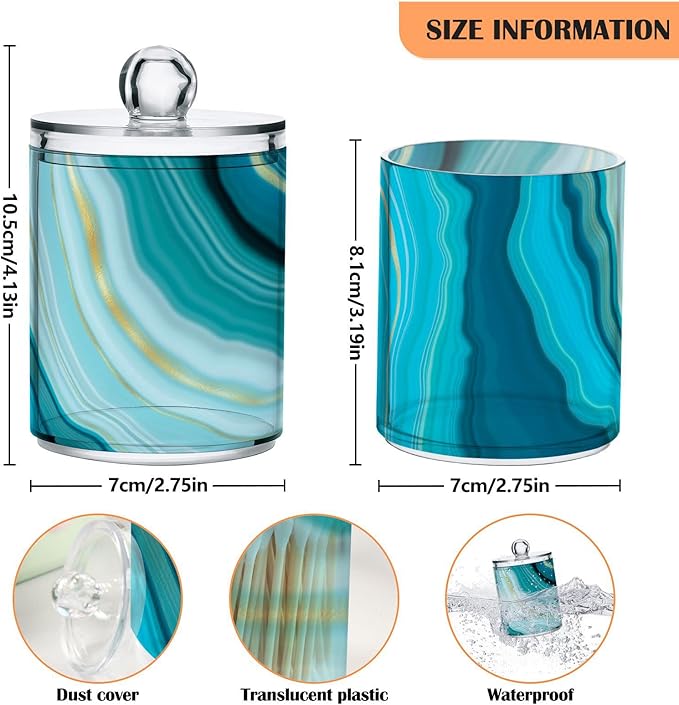2 Pack Qtip Holder Dispenser Teal Turquoise Blue Marble Bathroom Storage Canister Lid Acrylic Plastic Apothecary Jar Set Vanity Makeup Organizer for Cotton Swab/Ball/Round Pads, Floss-CasaMuseHome