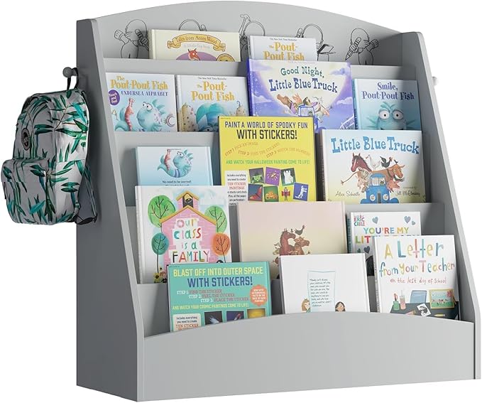 5-Tier Kids Bookshelf Montessori Toddler Book Rack Baby Bookcase Floor Front Facing Magazine Display Shelf for Bedroom Playroom Nursery Classroom Kindergarten Wood (Gray)-CasaMuseHome