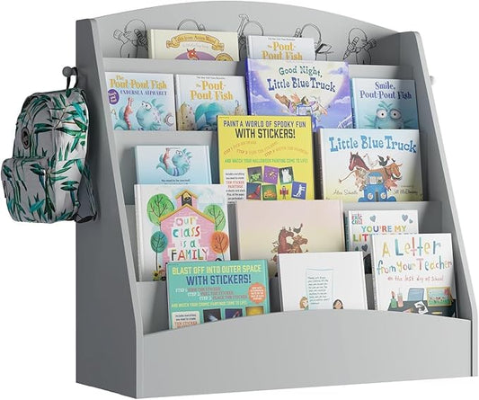 5-Tier Kids Bookshelf Montessori Toddler Book Rack Baby Bookcase Floor Front Facing Magazine Display Shelf for Bedroom Playroom Nursery Classroom Kindergarten Wood (Gray)-CasaMuseHome