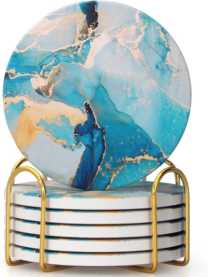 6 Pcs Light Blue Marble Abstract Ceramic Coasters with Holder Best Round Drink Absorbent Coasters for Desk, Lounge, Coffee, Wine, Beverage, Dining Table Decor, Bar Coaster Set-CasaMuseHome