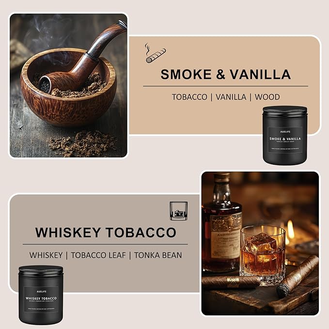 2 Pack Candle | Smoke & Vanilla + Whiskey Tobacco - Candles for Men - Masculine Candle, Soy Candles for Home Scented - Gifts for Men, Home Fragrance Manly Gifts - Each of 7oz-CasaMuseHome