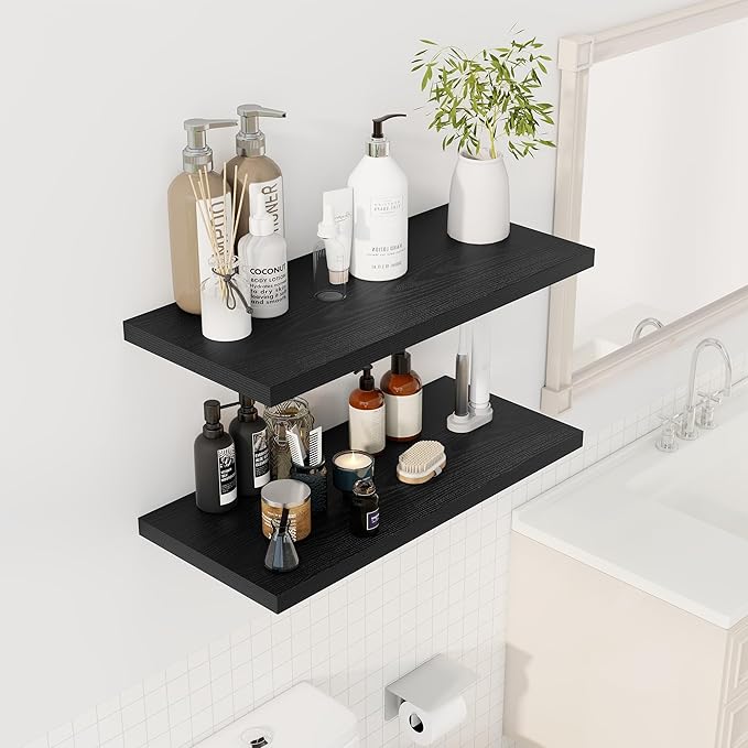 30" Floating Shelves for Wall, 12" Deep Slim Black Floating Shelves, Wall-Mounted Shelves for Bedroom, Living Room, Kitchen, Bathroom - Set of 2-CasaMuseHome