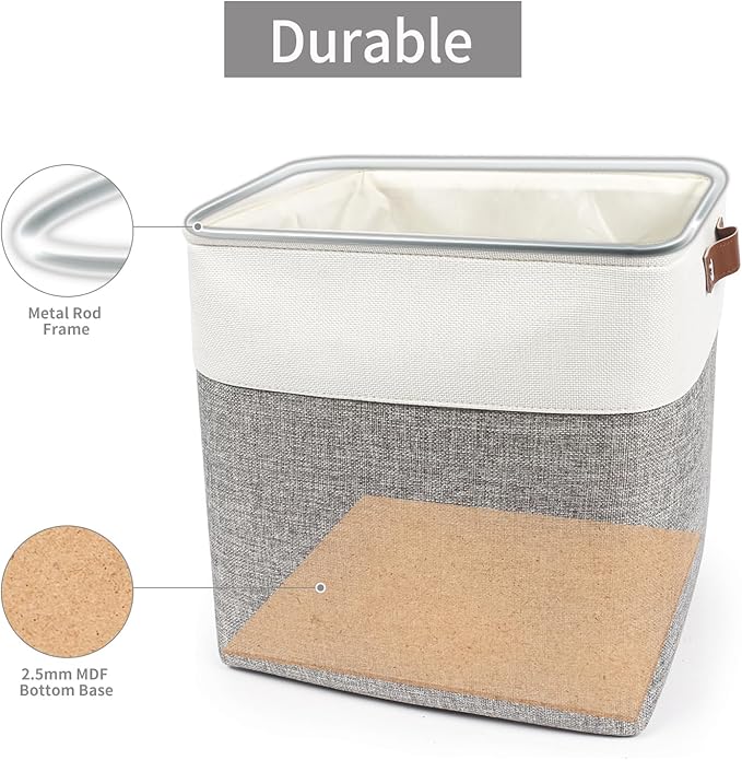 13x13 Cube Storage Bins, Collapsible Fabric Storage Box, 4 Pack Closet Baskets with Handles for Organizing, Shelf, Toys, Clothes, Home, Office, Nursery (Grey&White)-CasaMuseHome