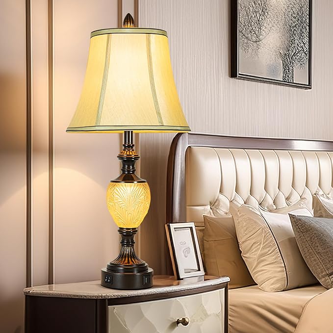 27'' High Vintage Table Lamp Set of 2 for Living Room Farmhouse Bedside Lamp with Fabric Shades Boho Nightstand Lamp with USB and Nightlight for Bedroom Home Office Hotel Bar (Bulb Included)-CasaMuseHome