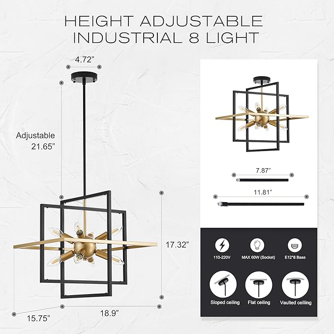 18.9'' Black Gold 8-Light Sputnik Chandelier Modern Industrial Adjustable Hanging Geometric Pendant Light Fixture for Entryway Foyer Stairway Hallway Bedroom Living Room Kitchen Island-CasaMuseHome