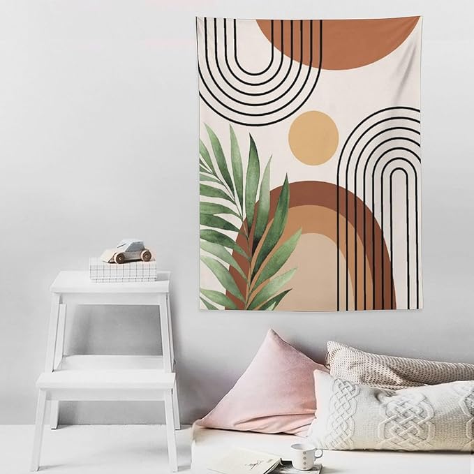 Abstract Bohemian Mid Century Tapestry, Tropical Leaves Modern Geometric Archway Minimalist Bohemian Botanical Aesthetic Wall Hanging, Sage Green Gold Home Decor Art for Bedroom 50x60 Inch-CasaMuseHome