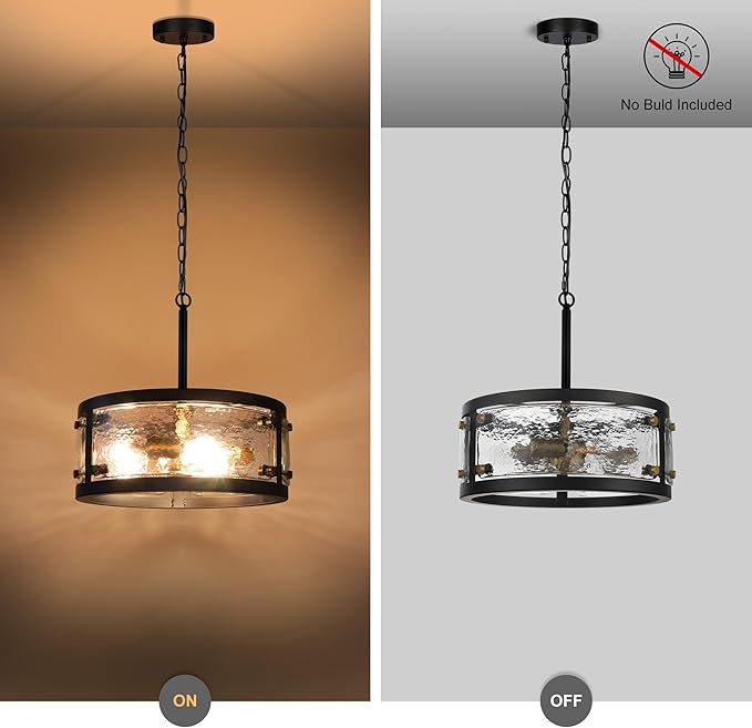 13" Industrial Drum Glass Chandelier, 3-Light Rustic Hanging Pendant Lights, Metal Round Lighting Fixture for Dining Room Foyer Entryway Hallway Bedroom, Clear Waterglass Drum Shade-CasaMuseHome