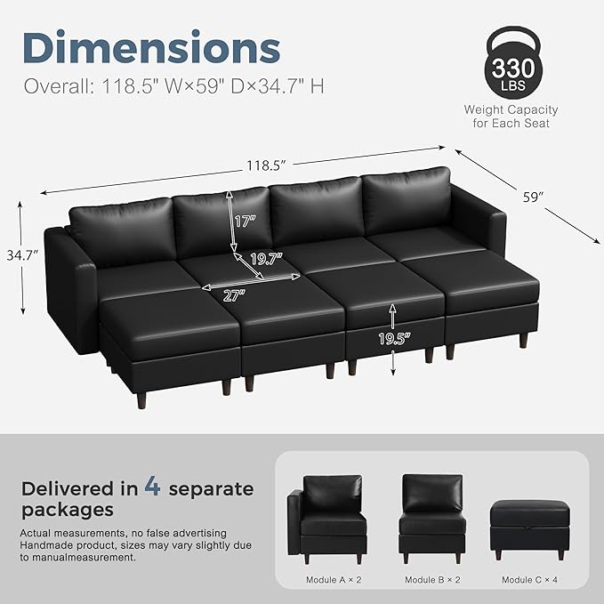 118.5" Luxury Modular Sleeper Sofa Bed with Storage Seat, 8 Seat Sectional Couch Deep Seat with Reversible Chaises & Removable Cover - Black Faux Leather-CasaMuseHome