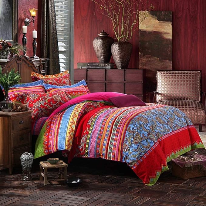 ABREEZE Bohemian Duvet Cover Set Colorful Red Boho Retro Bedding Set Damask Paisley Cotton Duvet Cover Tribal Reversible Bedding Exotic Style Comforter Cover 3-Piece Queen-CasaMuseHome