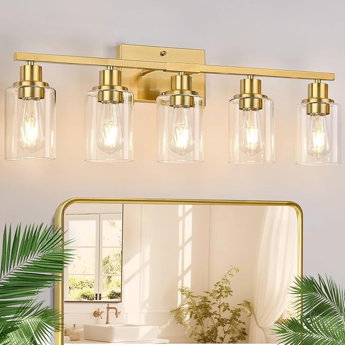 5-Light Bathroom Vanity Light with Clear Glass Shades, Brushed Gold Bathroom Light Fixtures Over Mirror, Modern Vanity Light for Mirror Living Room Cabinet Bedroom Porch-CasaMuseHome