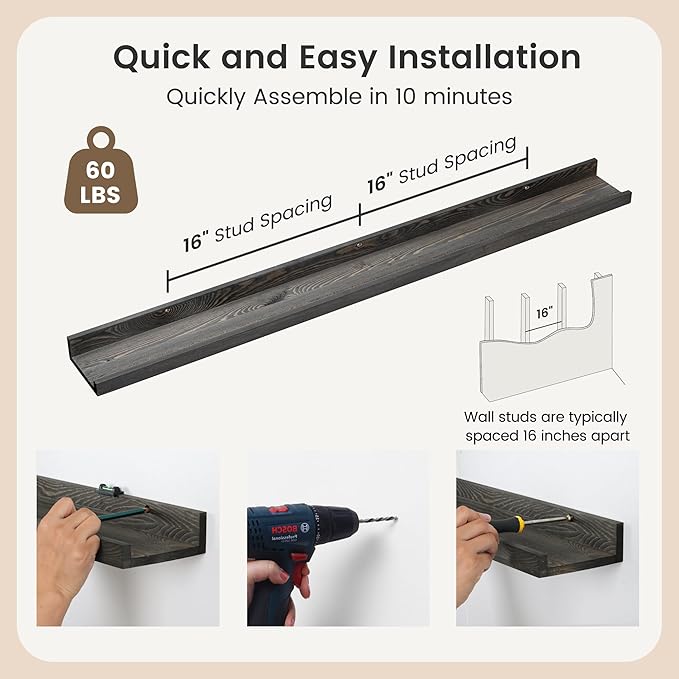 48 Inch Long Floating Shelves for Wall, Solid Pine Wood Picture Ledge Shelves with Lips, Nursery Book Shelves for Toys Storage Living Room Bedroom Photo Frames (2 Pcs, Grey)-CasaMuseHome