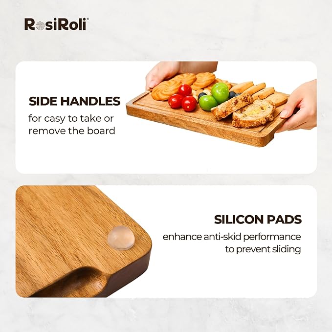 Acacia Wood Cutting Board for Kitchen - 0.8 inch Thick Wood Charcuterie Cheese Board with Side Handles and Juice Grooves, Wooden Chopping Block for Meat and Veggies, 11.5x7 inch-CasaMuseHome
