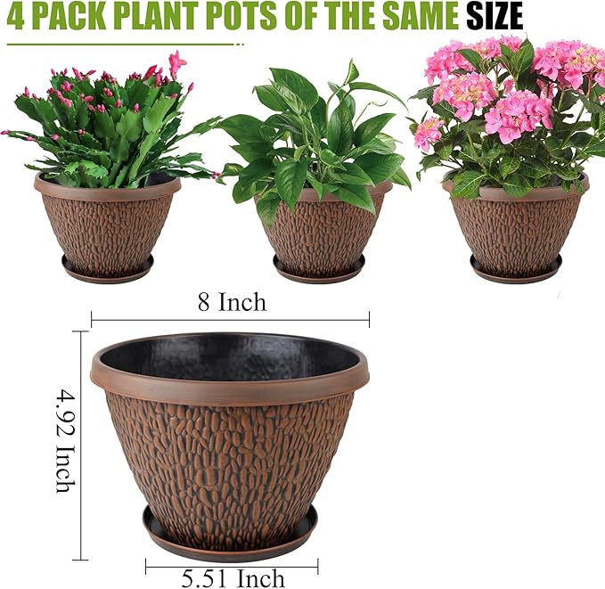 4 Pack Plant Pots Outdoor Indoor, 8 Inch Small Flower Pots with Drainage Hole & Tray, Thickened Plastic Outdoor Planters for Garden House Decor - Pebbles Pattern Design-CasaMuseHome