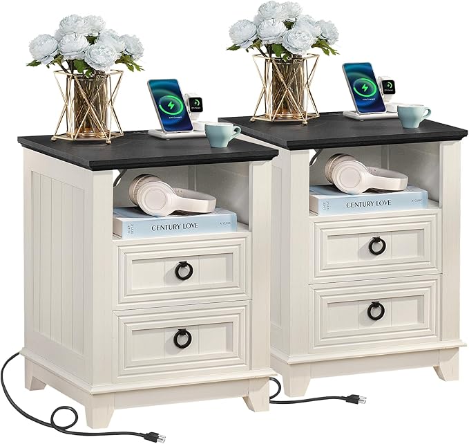 18" Farmhouse Night Stands Set of 2 with Charging Station, 2 Drawers End Table Dresser for Bedroom， Wooden Nightstand, Bed Side Table with Open Shelf, Bedside Cabinet for Living Room（White）-CasaMuseHome