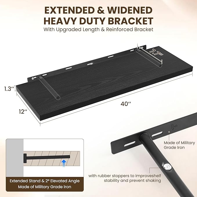 40" Floating Shelves for Wall, 12" Deep Slim Black Floating Shelves, Wall-Mounted Shelves for Bedroom, Living Room, Kitchen, Bathroom - Set of 2-CasaMuseHome