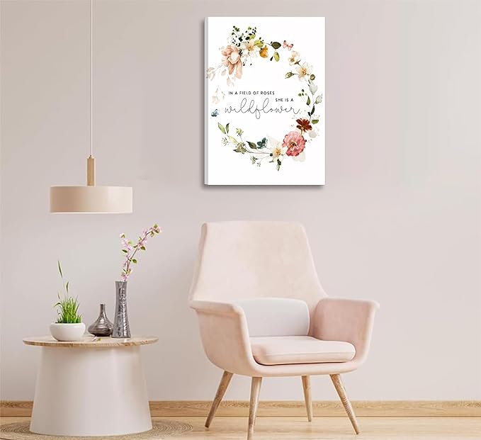 3Pcs Framed Watercolor Flowers Canvas Wall Art In A Field Of Roses She Is A Wildflower Painting Picture Wall Decor Pink wreath Poster Print Artwork for Nursery living room Girls Room Home Decoration-CasaMuseHome