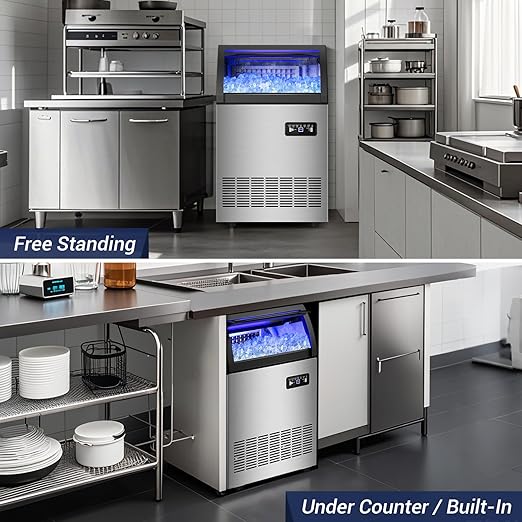 220LBS Commercial Ice Maker Machine - 72PCS Ice Cubes per Round, Undercounter/Freestanding Ice Machine, 55LBS Ice Storage Capacity for Home Bar and Outdoor, Stainless Steel Self-Cleaning-CasaMuseHome