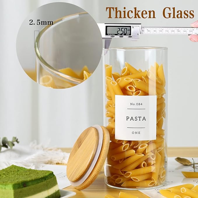 5 Pack Glass Jars with Bamboo Airtight Lids - Stackable Food Storage Containers with 132 Pantry Labels - with Wood Lid for Candy, Cookie, Rice, Sugar, Flour, Pasta, Nuts-CasaMuseHome