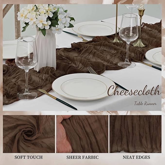10FT 6 Pack Brown Cheesecloth Table Runner 20 x 120 Inch Long Boho Fabric Rustic Cheese Cloth Table Runner for Wedding Bridal Shower Baby Shower Gauze Sheer Birthday Party Table Decorations-CasaMuseHome
