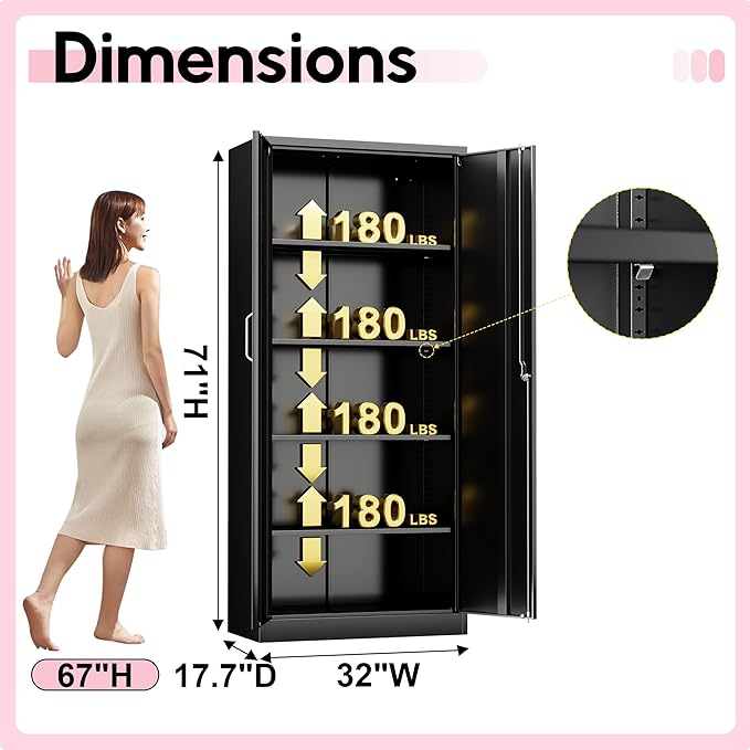 71" Garage Storage Cabinets with Lock, Cabinets with Doors and Shelves, Kitchen Pantry Cabinet, Metal Cabinet for Office, Garage, Shop, School, Assemble Required, Black-CasaMuseHome