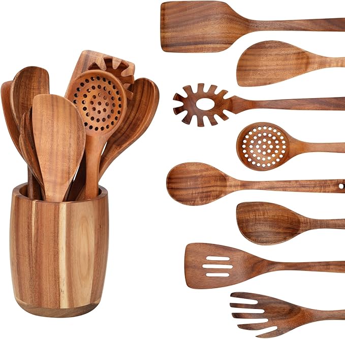 9 PCS Kitchen Utensils Set - Wooden Spoons for Cooking, Natural Teak Wooden Utensils - Includes Wooden Spoons, Spatula Set, Slotted Spoon - Handmade Wooden Spoon Set-CasaMuseHome