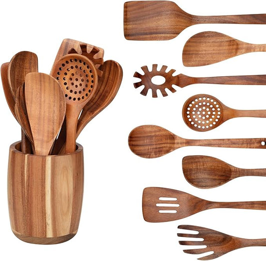 9 PCS Kitchen Utensils Set - Wooden Spoons for Cooking, Natural Teak Wooden Utensils - Includes Wooden Spoons, Spatula Set, Slotted Spoon - Handmade Wooden Spoon Set-CasaMuseHome