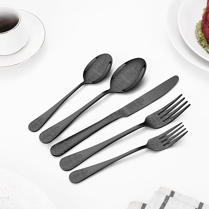 40 Pcs Black Silverware Set for 8 with Classical Flower Embossed Design, Food Grade Stainless Steel Flatware Set, Eating Utensils Sets Include Fork/Knife/Spoon, Cutlery Set, Dishwasher Safe-CasaMuseHome