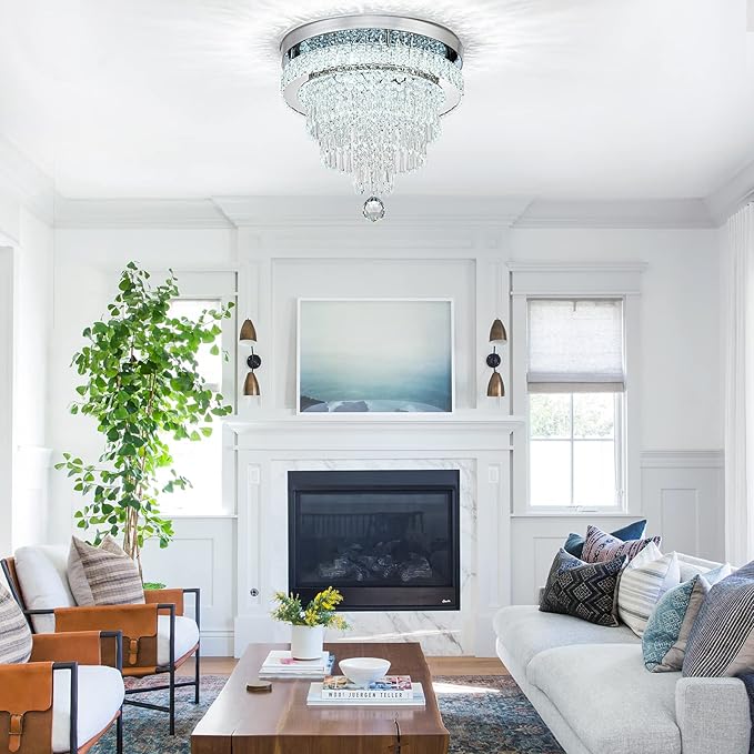 16“ Crystal Chandeliers Light Flush Mount Ceiling Light Fixtures Round Modern LED Chandelier for Living Room Bedroom Dining Room Closet Hallway (Cool White)-CasaMuseHome