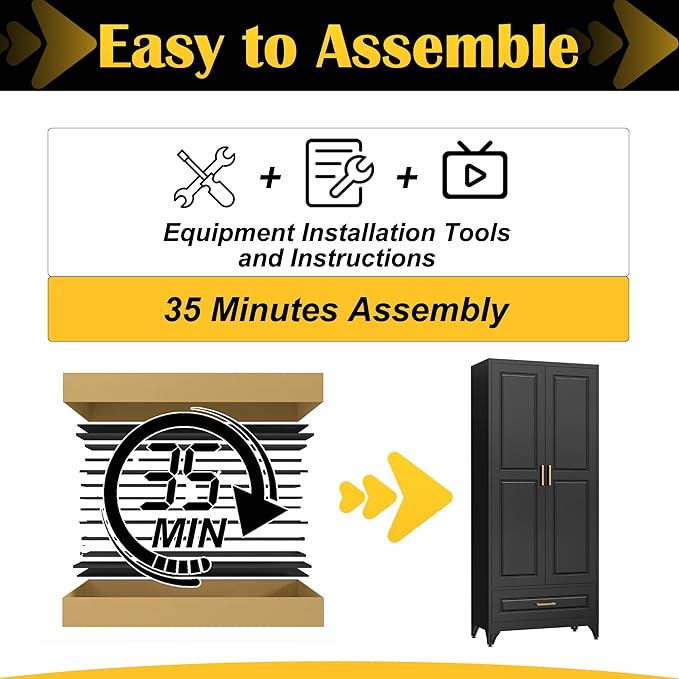 75" Kitchen Pantry Cabinet with Drawer, Metal Storage Cabinets with Doors and 4 Adjustable Shelves,Black Kitchen Cabinet with 2 Gold Handles,Food Cupboard for Livingroom,Pantry-CasaMuseHome