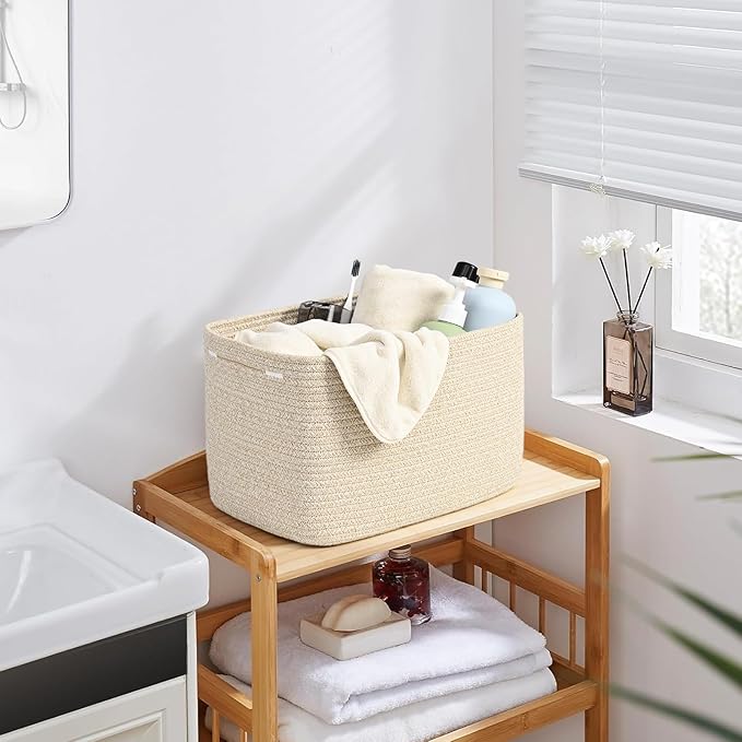 3-Pack Shelf Baskets for Organizing, Woven Storage Basket for Shelves, Cotton Rope Storage Bins for Toys Books, Nursery Towel Baskets for Classroom, 14.96"X9.8"X8.85", Brown-CasaMuseHome