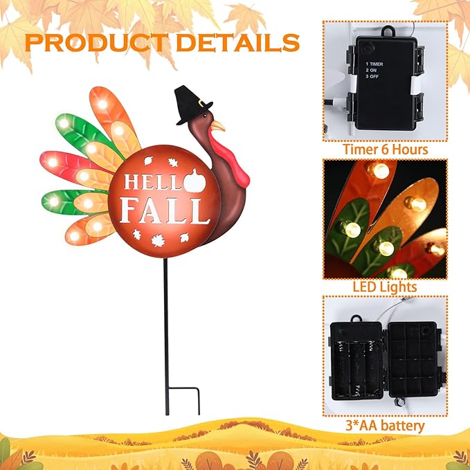 2 PCS Happy Fall Yard Signs Metal Thanksgiving Decorative Garden Stakes with Led Light Turkey Give Thanks Yard Stakes Fall Harvest Lawn Garden Lawn Pathway Decor-CasaMuseHome