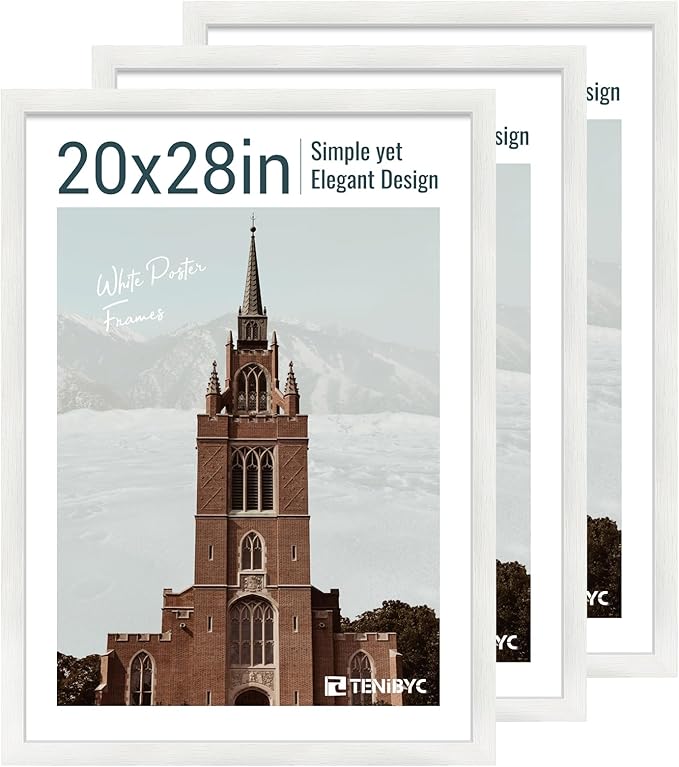 20x28 Picture Frame Set of 3 - White Woodgrain, Solid Wood Gallery Poster Frame - Wall Hanging-CasaMuseHome