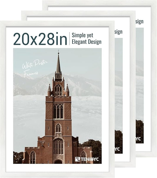 20x28 Picture Frame Set of 3 - White Woodgrain, Solid Wood Gallery Poster Frame - Wall Hanging-CasaMuseHome