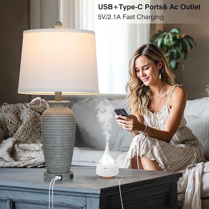 25" Grey Vintage Table Lamp Set of 2 Farmhouse Jar Table Lamps for Living Room，Touch Bedside Lamps with USB A+C Ports & AC Outlet, Pot Nightstand Lamps for Bedroom Living Room (LED Bulbs Included)-CasaMuseHome