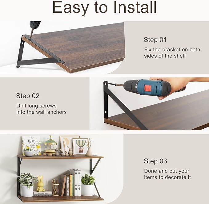 36"W x 10"D Floating Shelves, 10 Inch Deep Walnut Floating Shelves, Farmhouse Rustic Deep Wall Shelves for Home Decor, Wide Large Floating Shelf for Bathroom, Living Room, Kitchen, Study Room-CasaMuseHome