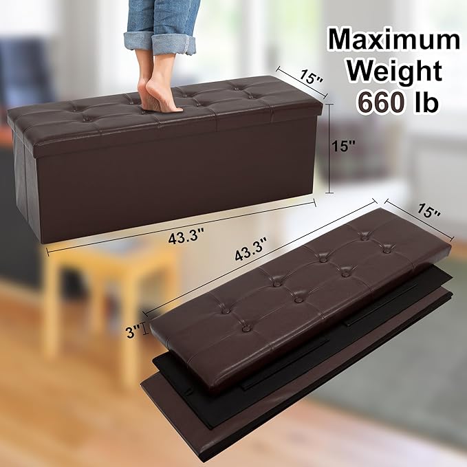 43 Inches Folding Storage Ottoman Bench, PU Leather Storage Chest, Footrest Padded Seat for Bedroom and Hallway, Holds up to 660 lbs, Brown-CasaMuseHome