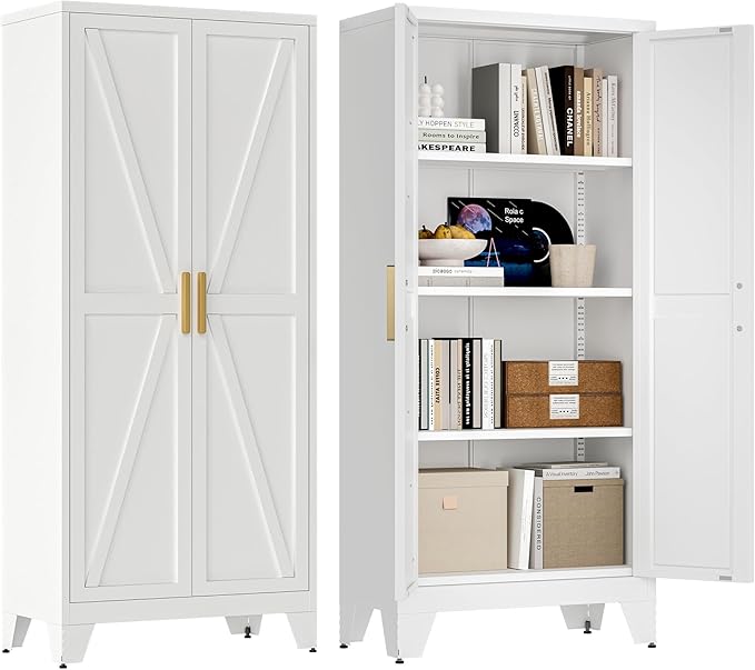61" Tall Farmhouse Metal Pantry Cabinet, Kitchen Pantry Storage Cabinets with 2 Barn Door and Adjustable Shelves,Metal Pantry Storage Cabinet,for Kitchen,Laundry Room,Home Office,Kids Room (White)-CasaMuseHome