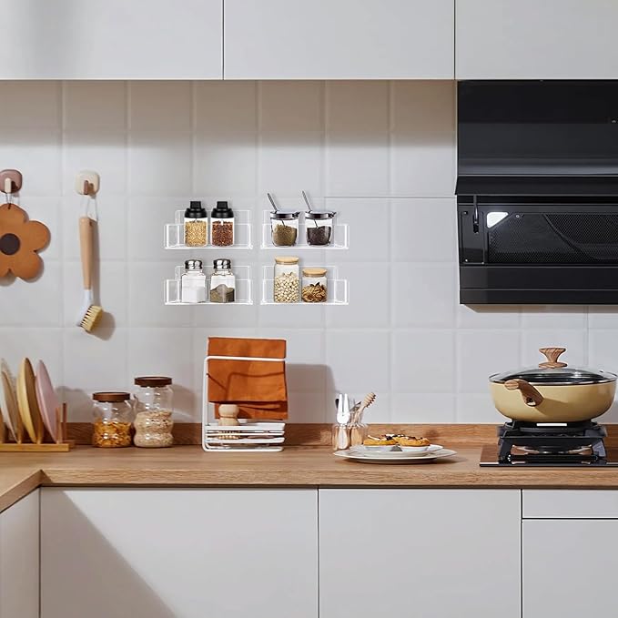 Acrylic Spice Rack Wall Mount-6 Inch, Clear Spice Shelf Storage Holder, 2 Pack Hanging Seasoning Rack Organizer for Cabinet Door, Cupboard or Wall Kitchen (Adhesive or Screw)-CasaMuseHome